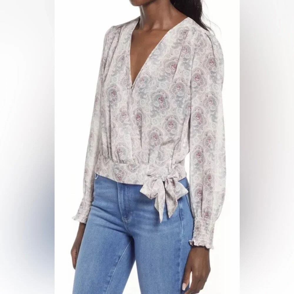 Paige Margherita Tie Waist Blouse Women's XL Ecru Multi V-Neck NWT